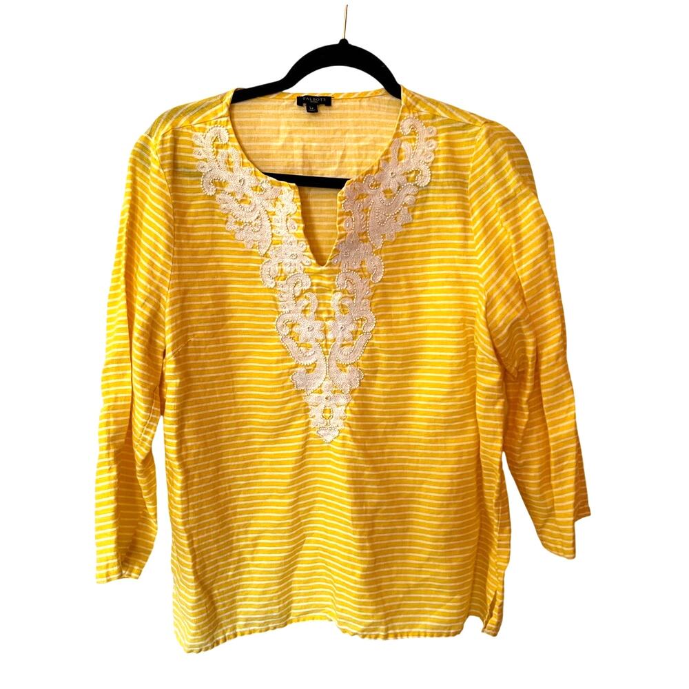 Talbots Linen Striped Beaded Yellow and White Top SZ LP